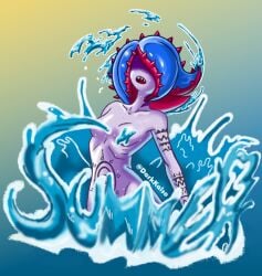 1girls acantha_(kaisorain) anthro anthropomorphic arm_tattoo crown_of_thorns full_body gills kaisorain marine_humanoid monster_girl naked naked_female obscured_eyes oc original original_character pale-skinned_female pale_skin petite petite_body sharp_teeth small_breasts starfish sticker stomach_tattoo visible_ribs water water_splash