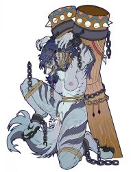 4_toes 5_fingers anthro ball_gag black_nose blizzard_entertainment blue_hair bodily_fluids bondage bound breasts canid chained chains cuff_(restraint) cum cum_from_vagina cum_in_vagina cum_inside feet female fingers fur gag gagged genital_fluids genitals grey_body grey_fur hair hi_res hindpaw humanoid_hands mammal nipples nude nude_anthro nude_female ottomansly paws prisoner restraints shackles solo toes vulva warcraft werecanid werecanine werecreature werewolf worgen worgen_female worgen_with_tail world_of_warcraft