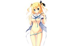 aqua_eyes blonde_hair breasts clothing cropped da_capo_iii morizono_ricca navel nipples no_bra open_clothes open_shirt panties panty_pull photoshop seifuku shirt tanihara_natsuki underwear white_background