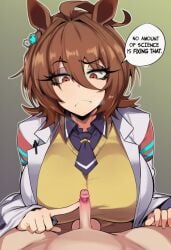1boy 1girls 2d agnes_tachyon_(umamusume) ahoge ai_generated animal_ears balls big_breasts black_necktie breasts brown_hair closed_mouth clothed_female_nude_male coat cock collared_shirt earrings english english_text erection female foreskin gradient_background hair_between_eyes horse_ears horse_girl huge_breasts jewelry lab_coat large_breasts long_sleeves looking_down male male/female micropenis necktie nude penis poking poking_penis pov red_eyes shirt short_hair short_necktie single_earring sloppingslurpie small_cock small_penis small_penis_humiliation solo_focus speech_bubble straight sweater_vest testicles text thighs umamusume umamusume_pretty_derby uncensored