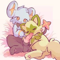 1:1 ass blue_body blue_fur bodily_fluids closed_eyes duo erection feet fellatio female feral fur generation_4_pokemon generation_9_pokemon genital_fluids genitals grass green_body green_fur hi_res inner_ear_fluff legs_together male male/female mrcat11 nintendo open_mouth oral oral_penetration paws penetration penile penis plant pokemon pokemon_(species) presenting presenting_vulva sex shinx simple_background spread_legs spreading sprigatito tail toes tuft vulva yellow_eyes