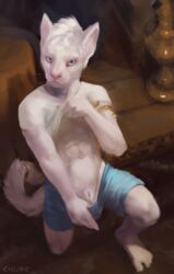 1boy 2016 abs alexis animal_genitalia anthro athletic biceps blue_eyes chunie clothed clothing clothing_lift detailed_background feline fur hair hi_res jewelry kneeling looking_at_viewer male male_only mammal navel pants sheath shirt shirt_lift solo underwear white_fur