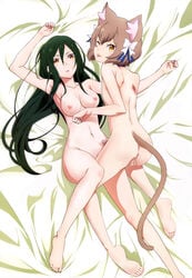 1boy 1girls ;p animal_ears anus armpits barefoot bed brown_hair canon_couple cat_tail catboy crossdressing crossdressing_male crusch_karsten erection feet felix_argyle female femboy femboy_on_female green_hair hair_ornament hairbow hetero legs long_hair looking_at_viewer looking_back lying male male/female monster_boy nipples nude nude_filter one_eye_closed penis photoshop re:zero_kara_hajimeru_isekai_seikatsu short_hair soles tail testicles thighs toes tongue tongue_out trap uncensored wink yellow_eyes