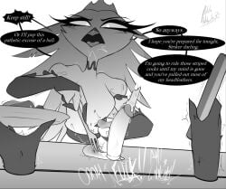 anthro arthropod avian ball_squeeze ballbusting balls beak bee bondage bound breasts candle candle_in_penis candle_in_urethra candle_wax candlestick clothed clothed_female clothing cock_and_ball_torture crown demon dialogue dominant dominant_female dress duo english_text erection feathers female fire food forniphilia furniture genital_torture genitals greyscale headgear hellaverse helluva_boss holding_food holding_object hole_in_table humanoid_genitalia humanoid_penis hymenopteran infidelity insects jaiden_(radiown) lit_candle male male/female moan monochrome multicolored_body objectification open_mouth pain penis potatonebula seductive shaking simple_background stab stella_(helluva_boss) submissive submissive_male table text threatening_castration tremble_spikes trembling urethral wax_play yelling_at_another