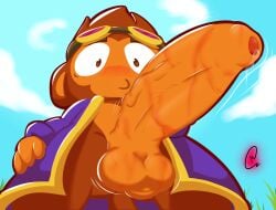 alchemist_(bloons) balls big_penis bloons_tower_defense blush bodily_fluids brown_body brown_fur clothing cloud dripping foreskin fur genital_fluids genital_growth genitals grass growth heavy_balls hi_res huge_cock humanoid_genitalia humanoid_penis hyper hyper_genitalia hyper_penis kakau221 male navel ninja_kiwi penis penis_growth plant potion precum pulsating purple_clothing small_but_hung solo surprised tail vein veiny_penis