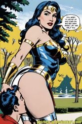 ai_art ai_generated ass_worship big_ass butt_worship caption dc_comics dialogue dominant_female face_in_ass huge_ass phizben story submissive_male wonder_woman wonder_woman_(series) word_balloon