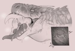 2026 ambiguous_gender ass balls bed blush bodily_fluids candy capcom dessert digital_drawing_(artwork) digital_media_(artwork) duo feral feral_on_feral flying_wyvern food furniture genitals gum heartscalie inside_mouth male monochrome monster_hunter neck_bulge penis pupils reptile saliva scales scalie simple_background slit_pupils tail tapering_penis teeth tigrex tongue vore