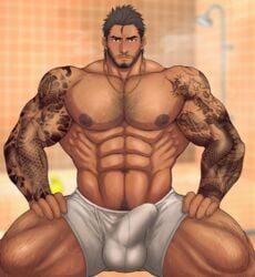 abs bara bathroom beard blush body_hair brown_hair bulge crotch male_focus male_only muscle necklace nipples pecs piercing sitting solo_focus steam sweat tattoo topless toto_(artist) underwear