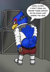 anal anthro anus ass avian backsack balls bird blue_body blue_feathers bottomwear bottomwear_down clothed clothing english_text falco_lombardi feathers genitals green_eyes hi_res male nintendo pants pants_down partially_clothed solo speech_bubble spreading star_fox text victor_the_wolf_(artist)