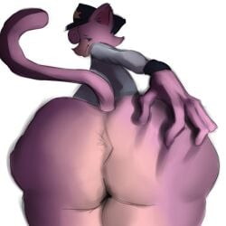 1:1 anthro anus_focus ass big_butt butt_focus clothing domestic_cat felid feline felis femboy_pred fur hair hand_on_butt hand_on_own_butt hat headgear headwear hi_res huge_butt looking_at_viewer looking_back looking_back_at_viewer male mammal pink_body pink_butt pink_ears pink_face pink_fingers pink_fur pink_hair pink_hands pink_tail pink_thighs shirt simple_background solo spread_butt spreading tail topwear troppy troppygutz white_clothing white_shirt white_topwear