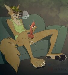 anthro aroused aroused_face aroused_male balls barefoot big_feet big_penis blush blush_lines bodily_fluids bottomless bottomless_anthro bottomless_male breath brown_body brown_fur canid canine canis claws clothed clothing coyote erection fangs feet femboy fondling_penis fur furniture gay gay_male genital_fluids genitals grabbing_own_penis green_clothing green_hat green_headwear green_shirt green_tank_top green_topwear grope hat headgear headwear hi_res holding_erection holding_own_penis holding_penis homosexual homosexual_male knot knotted_penis leaking_precum looking_pleasured male male/male male_only male_penetrating mammal manly masturbation on_sofa panting pawpads penile penile_masturbation penis penis_grab penis_squeeze precum precum_from_penis precum_on_own_penis precum_on_penis red_penis redneck rubbing_penis rudy_(orf) self_grope shirt sitting sitting_on_sofa snowmutt sofa solo spread_legs spreading stroking_penis tail tank_top teeth tongue tongue_out topwear trucker_hat yellow_eyes