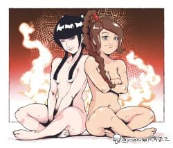 2girls arms_between_legs artist_signature asian_female athletic_female avatar_the_last_airbender barefoot black_hair blunt_bangs braid braided_ponytail breast_press breast_squeeze brown_hair cheeky_smile clever_censor completely_nude confidently_naked covered_nipples covering_breasts crossed_arms crossed_legs crossed_legs_(sitting) cute feet female_only fire_nation friends full_body grey_eyes grin hair_over_breasts hair_over_nipples hands_covering_pussy head_tilt indian_style looking_at_viewer mai_(avatar) medium_breasts naked naked_female narrowed_eyes naughty_face no_makeup noblewoman nude nude_female on_floor petite pinup playful playful_smile ponytail ponytail_over_shoulder posing posing_for_the_viewer pushing_breasts_up shadow_censor shiny_hair shoulder_to_shoulder side_by_side sitting sitting_on_floor small_breasts smile smiling_at_viewer smooth_skin straight_hair swept_bangs teasing_viewer teenager toes tummy twintails twintails_(hairstyle) ty_lee yashiro_a._marino