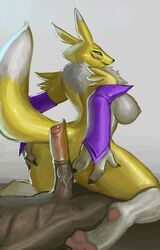 2016 anthro arm_warmers ass big_penis breasts digimon duo female fur hawkilla male nipples penis renamon yellow_fur