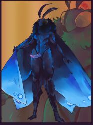 antennae_(anatomy) anthro arthropod blue_body border erection fluffy genitals hi_res holding_wings insects lepidopteran looking_offscreen male moth neck_tuft nude penis pose purple_border simple_background solo ssleepyflowers standing tapering_penis tuft wings