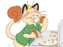 1boy anthro blush bottomless closed_eyes clothed clothing eating feline flat_colors food freckles kaptcha male male_only mammal meowth nintendo pizza pokemon raised_tail signature smile solo tachi_(kaptcha) whiskers