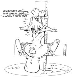 2026 3_toes 4_fingers absurd_res anthro anus arm_tuft arms_above_head ass ball_tuft balls big_ears black_and_white blush blush_lines bodily_fluids bondage bound chastity_device chastity_device_only cross cute_fangs directional_arrow ear_piercing ear_ring ear_tuft emanata english_text eye_through_hair fangs feet fingers fur furred_kobold furred_scalie gaogomon gaogomon_(oc) genitals hair hands_tied hi_res inverted_cross kobold leg_tuft legs_tied male monochrome motion_lines nude pawpads piercing presenting presenting_hindquarters restraints ring_piercing rope rope_bondage scalie solo spread_legs spreading tail tears teeth text toes translucent translucent_hair tuft wearing_chastity_device x_anus