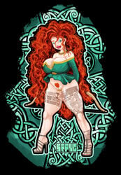 ass big_ass big_breasts big_lips bimbo blue_eyes brave curly_hair disney disney_princess exposed_pussy eyeshadow genital_piercing hands_behind_back high_heels labia_piercing large_ass long_hair merida necklace open_toe_shoes piercing piercings pixar pussy red_hair redhead srpng tattoos thick_thighs weapon