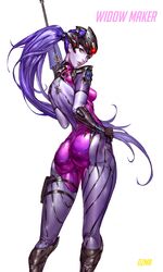 ass bodysuit breasts cleavage female female_only gun long_hair looking_at_viewer looking_back overwatch ozma ponytail purple_hair skin_tight solo tied_hair tight_clothes weapon widowmaker yellow_eyes