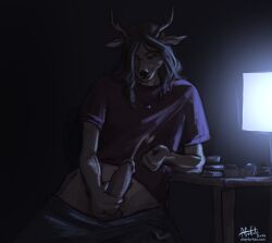 andyfurfulz anthro antlers athletic athletic_gynomorph athletic_intersex balls blush bodily_fluids book book_stack bottomwear bottomwear_down brown_hair chair circumcised clothed clothing colored_nails computer_monitor cum cum_on_self cumshot dark_room deer desk ejaculation elbow_on_table english_text erection eyewear furniture genital_fluids genitals glasses glasses_off guide_lines gynomorph hair hi_res horn humanoid_genitalia humanoid_penis intersex jewelry looking_down looking_pleasured mammal masturbation motion_blur multicolored_body nails necklace new_world_deer office_chair on_chair orgasm pants pants_down partially_clothed penile penile_masturbation penis penis_grab raised_clothing raised_shirt raised_topwear ria_(andyfurfulz) screen screen_glow shirt signature sitting sitting_on_chair solo t-shirt table text topwear trans_(lore) trans_woman_(lore) two_tone_body url white-tailed_deer