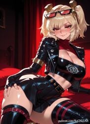 2026 ai_generated anime bangs belt black_gloves black_jacket black_skirt black_thighhighs blonde_hair blush breasts burnice_white cleavage crop_top cropped_jacket crossover elbow_gloves eye_contact eyewear_on_head female female_focus female_only fingerless_gloves flushed gloves handwear highres hoyoverse huge_breasts jacket large_breasts lips looking_at_viewer mihoyo mihoyo_technology_(shanghai)_co._ltd. miniskirt nsfw on_side open_clothes open_jacket patreon pleated_skirt red_eyes rognezart shiny shiny_clothes shiny_skin short_twintails skirt smile smiling solo spikes sunglasses thick_thighs thighhighs thighs twintails zenless_zone_zero zettai_ryouiki