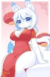 animal_ears animal_genitalia beast big_breasts blue_hair china_dress cyan_hair huge_breasts huge_thighs oc original_character ponytail red_background red_clothes red_dress sitting thighs white_hair