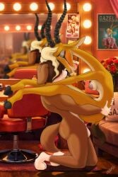 2:3 5_fingers antelope anthro anthro_on_anthro anthro_penetrated anthro_penetrating anthro_penetrating_anthro ass balls black_nose blonde_hair bovid breasts brown_body brown_fur brown_hair canid canine canis disney domestic_dog duo feet female female_penetrated fingers fur gazelle gazelle_(zootopia) genitals hair hi_res hindpaw hooves horn humanoid_hands interspecies kneeling male male/female male_penetrating male_penetrating_female mammal miniferu mirror multicolored_body multicolored_fur nipples nude nude_anthro nude_female nude_male paws penetration penile penile_penetration penis reflection sex tan_body tan_fur toes two_tone_body two_tone_fur white_body white_fur zootopia