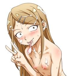 blonde_hair blush breasts condom cum dagashi_kashi endou_saya_(dagashi_kashi) funnyari nipples