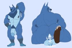 3:2 absurd_res activision anthro armpit_hair ass balls bara big_claws big_penis black_sclera blue_body blue_fur bodily_fluids body_hair claws crash_(series) crash_mind_over_mutant crash_of_the_titans cum cum_on_armpit erection fur genital_fluids genitals glans hair hi_res male male_only muscular muscular_male navel nipples nude pecs penis ratcicle simple_background solo titan_(crash_bandicoot) unrealrui