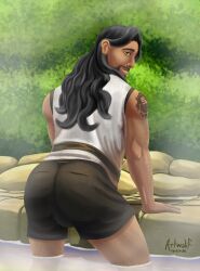 2boys anus anus_focus artwolif ass back_view balls bara bara_ass big_ass big_ass_(male) big_butt brown_skin daniel_villalobos(artwolif) from_behind full_service gay hairy hairy_legs hairy_male hot_water human long_hair looking_back male male/male male_only muscular muscular_male penis perineum sauna showing_ass solo vest water yaoi
