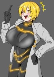 don_quixote_(limbus_company) limbus_company project_moon 1girl solo blonde_hair yellow_hair short_hair bob_cut hazel_eyes round_eyes sparkling_eyes limbus_company_uniform white_shirt black_coat long_coat red_tie necktie black_pants black_slacks belt fixer_badges badges pins yellow_shoes rocinante worn_clothing detailed_clothing standing full_body looking_at_viewer smile grin happy energetic fanart highres anime_style game_art_style cute petite shortstack kkokko