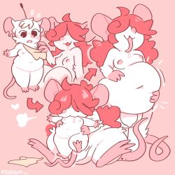 1:1 absurd_res antenna_wire anthro bangs bodily_fluids breasts digital_media_(artwork) drooling duo female fur genitals hair hair_over_eyes heart_symbol herm hi_res intersex intersex/female mammal mu_suwi_(polyalloys) murid murine navel nude penis pink_background polyalloys rat rodent saliva sequence shortstack simple_background slurping stomach_bulge vore white_body white_fur