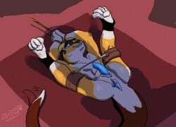 4_toes absurd_res animal_genitalia animal_penis anthro anus arms_above_head arms_tied ass balls bed blue_anus blue_eyes blue_genitals blue_mouth blue_penis blue_tongue bodily_fluids bondage bound brown_body carpet clothing countershading cuff_(restraint) digital_media_(artwork) duo erection feet fingers flexible footwear furniture gaping gaping_anus gecko genital_slit genitals glowing glowing_genitalia hands_behind_head hands_tied hi_res leather legs_tied legs_up lizard looking_at_viewer lying male male/male male_anthro markings molohrum multicolored_body narrowed_eyes nude on_back on_ground open_mouth orange_body paws penis presenting presenting_anus presenting_penis reptile restrained restraints rope rope_bondage scales scalie shaded shadow signature simple_background smile solo spread_legs spreader_bar spreading straps submissive submissive_male tail tail_anus tail_motion tailwag tapering_penis toes tongue white_body yellow_body yellow_scales zerbug