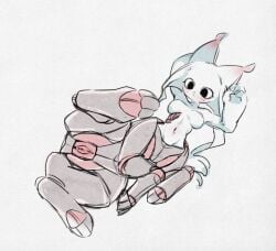 black_eyes black_nose blush breasts cybernetics cyborg eyelashes fan_character featureless_breasts felid feline female fur genitals grey_body le_(artist) machine mammal metallic_body navel nine_sols nude red_body red_candle_games solarian solo taur vulva white_body white_fur wide_hips