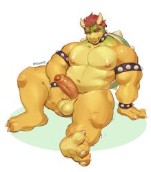 3_toes absurd_res anthro balls barazoku belly blush bowser bracelet bulge claws collar detailed_bulge erection feet genital_outline genitals hair hi_res humanoid_genitalia humanoid_penis jewelry koopa male mario_bros moobs musclegut muscular narrowed_eyes navel nintendo nipples pecs penis penis_outline red_hair scalie shell snaftfc solo spiked_bracelet spiked_collar spikes spread_legs spreading thick_thighs toes vein veiny_penis yellow_body