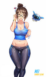 breasts brown_hair cleavage curvy female glasses looking_at_viewer mei_(overwatch) open_mouth overwatch ozma snowball_(overwatch) sweat thick_thighs tight_clothes wide_hips