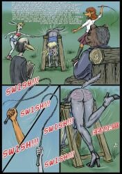 anthro ass bear blonde_hair blue_eyes butt_slap canid canine canis clothing comic corporal_punishment deer domestic_rabbit dwarf_rabbit english_text female footwear forest fox genitals gesperax group hair hi_res high_heels judge judgement lagomorph leporid male mammal moose new_world_deer oryctolagus panties plant punishment rabbit reddened_butt shoes slap spank_marks spank_marks_on_ass spanked_butt spanking tail text tree true_fox underwear vulva whip whipping wolf