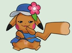 baseball_cap bedroom_eyes bikini_skirt blue_clothing bottomwear cheek_spots clothed clothing female feral flower_accessory generation_1_pokemon genitals hat headgear headwear mrmystery_guy ms._wavychu namipika-chan narrowed_eyes nintendo no_underwear pikachu pivoted_ears pokemon pokemon_(species) pokemon_winds_and_waves pokemon_ww presenting presenting_vulva ruffled_bikini seductive shush sitting skirt smile solo swimwear two-piece_swimsuit vulva