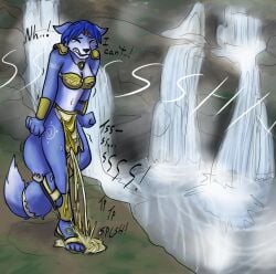 alien anthro bodily_fluids bottomwear canid canine cerinian clothing embarrassed female fox genital_fluids jacquesrabbit krystal_(star_fox) loincloth mammal markings navel nintendo omorashi onomatopoeia pee_desperation peeing solo sound_effects star_fox tattoo tears text tribal tribal_markings tribal_tattoo urine urine_on_ground urine_pool waterfall waterfall_tears wet wetting wetting_bottomwear