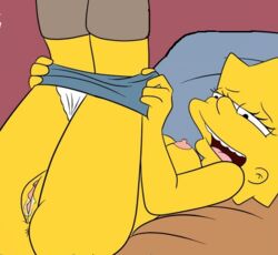 1girls accurate_art_style anus_peek bed bedroom croc_(artist) legs_up lisa_simpson open_mouth panties_down pink_nipples tagme the_simpsons vagina yellow_body yellow_skin