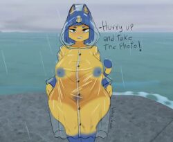 animal_crossing ankha ankha_(animal_crossing) anthro big_breasts blue_body blue_hair blush breasts clothing cloud cloudy_sky coat curvy_figure domestic_cat erect_nipples exhibitionism felid feline felis female hair hourglass_figure ineffective_clothing mammal markings nintendo nipples noseless nude outside pivoted_ears pubes rain_drops raincoat raincoat_only raining signature sky solo striped_markings striped_tail stripes tail tail_markings talking_to_viewer text thick_thighs topwear translucent translucent_clothing translucent_raincoat vance_lewds voluptuous yellow_body