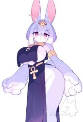 animal_ears animal_genitalia beast belt big_breasts black_dress dress earrings egyptian egyptian_dress feet_up hair_ornament huge_breasts huge_thighs japanese_text oc original_character purple_hair purple_skin rabbit rabbit_ears rabbit_girl rabbit_humanoid rabbit_tail red_eyes thighs white_background