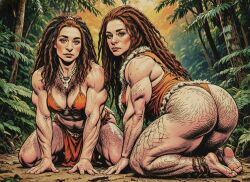 2girls abs ai ai_assisted ai_generated ass average_breasts bikini bone_necklace breasts brown_eyes dreadlocks enercell female female_only forest g-string hairy hairy_arms hairy_ass hairy_chest hairy_female hairy_legs hairy_thighs large_ass light-skinned_female loincloth long_hair looking_at_viewer looking_back_at_viewer muscular muscular_female neanderthal necklace neutral_expression oc on_all_fours original_character outdoors red_hair redhead sisters thighs tied_hair vascular vest white_female