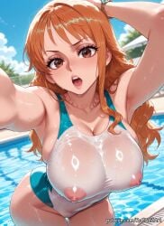 2026 ai_generated anime armpits bangs blue_sky blush bracelet breasts brown_eyes cleavage collarbone competition_swimsuit covered_nipples crossover day exposed_nipples eye_contact eyelashes female female_focus female_only flushed highleg highleg_swimsuit highres huge_breasts jewelry large_breasts leaning_forward lips long_hair looking_at_viewer moaning nami_(one_piece) nami_\\\\\\\\\\\\\\\\\\\\\\\\\\\\\\\\(one_piece\\\\\\\\\\\\\\\\\\\\\\\\\\\\\\\\) nipples nsfw one-piece_swimsuit one_piece open_mouth orange_hair outdoors patreon patreon_username pool rognezart see-through shiny shiny_skin sky solo swimsuit very_long_hair water web_address wet wet_clothes wet_swimsuit white_one-piece_swimsuit