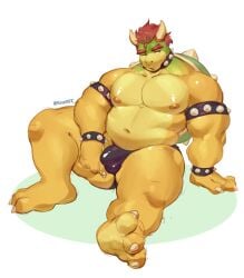 3_toes absurd_res anthro balls barazoku belly blush bowser bracelet bulge claws clothing collar detailed_bulge feet genital_outline genitals hair hi_res jewelry koopa male mario_bros moobs musclegut muscular narrowed_eyes navel nintendo nipples pecs penis_outline red_hair scalie shell snaftfc solo speedo spiked_bracelet spiked_collar spikes spread_legs spreading swimwear thick_thighs toes yellow_body