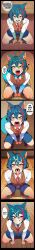 2boys 2d ai_generated animal_ears animal_tail blue_hair blush bulge bulge_through_clothing bulge_under_clothes cock comic cum cum_drip cum_on_face cum_on_hair cumdrip english english_text facial heart indie_virtual_youtuber looking_at_viewer male male_focus male_only merryweather_(vtuber) multicolored_hair open_mouth penis penis_bulge presenting presenting_mouth red_hair shorts sloppingslurpie squatting streaked_hair tail teasing teasing_viewer text thighs tongue tongue_out virtual_youtuber vtuber waiting_for_cum