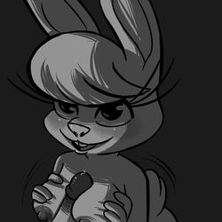 2016 anthro areola black_and_white black_background blush breasts buckteeth cum disembodied_penis disney duo female inkyfrog lagomorph large_breasts looking_at_viewer male mammal maxine_d'lapin monochrome nipples nude paizuri penis precum rabbit sex simple_background smile solo_focus straight teeth titfuck zootopia