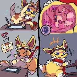 1:1 2026 2_frame_animation 3_fingers 3_toes animated animated_comic black_nose blue_eyes cheek_tuft closed_eyes comic cute_fangs digital_media_(artwork) duo eeveelution exclamation_point eyewear eyewear_on_head facial_tuft fangs feet feral fingers furniture generation_1_pokemon generation_3_pokemon goggles goggles_on_head inside_stomach jolteon linoone male neck_tuft nintendo numa_(ouroporos) open_mouth oral_vore ouroporos paws pixel_(artwork) pokemon pokemon_(species) question_mark scarf shrike_alvaron simple_background sitting slideshow table tablet tablet_pen teeth toes tongue tuft vore