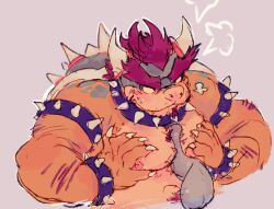 annoyed anon anthro arm_hair armpit_hair blush bodily_fluids body_hair bowser bracelet breast_play breasts chest_tuft claws collar eyebrows fangs fisherkitu hair happy_trail horn jewelry koopa male male/male mario_bros nintendo nipples pec_squish pecjob pecs red_eyes red_hair scalie sex shell solo solo_focus spiked_bracelet spiked_collar spiked_shell spikes spikes_(anatomy) sweat teeth titjob tuft yellow_body