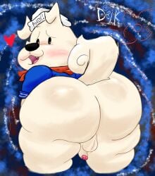anthro ass backsack balls big_butt blush canid canine canis clothing demogorgon digital_drawing_(artwork) digital_media_(artwork) domestic_dog fangs genitals hat headgear headwear hi_res huge_butt male mammal nude open_mouth penis rear_view smile smiling_at_viewer solo stranger_things tail teeth terrence_(ugly-rat15508) ugly-rat15508 wide_hips