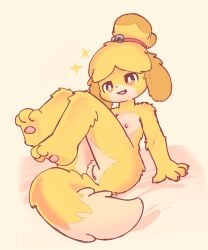 5:6 animal_crossing anthro anus ass breasts canid canine canis domestic_dog feet female fur genitals hair hi_res isabelle_(animal_crossing) legs_together looking_at_viewer mammal mrcat11 nintendo nipples nude presenting presenting_hindquarters presenting_vulva simple_background smile solo tail toes tuft vulva yellow_body yellow_fur